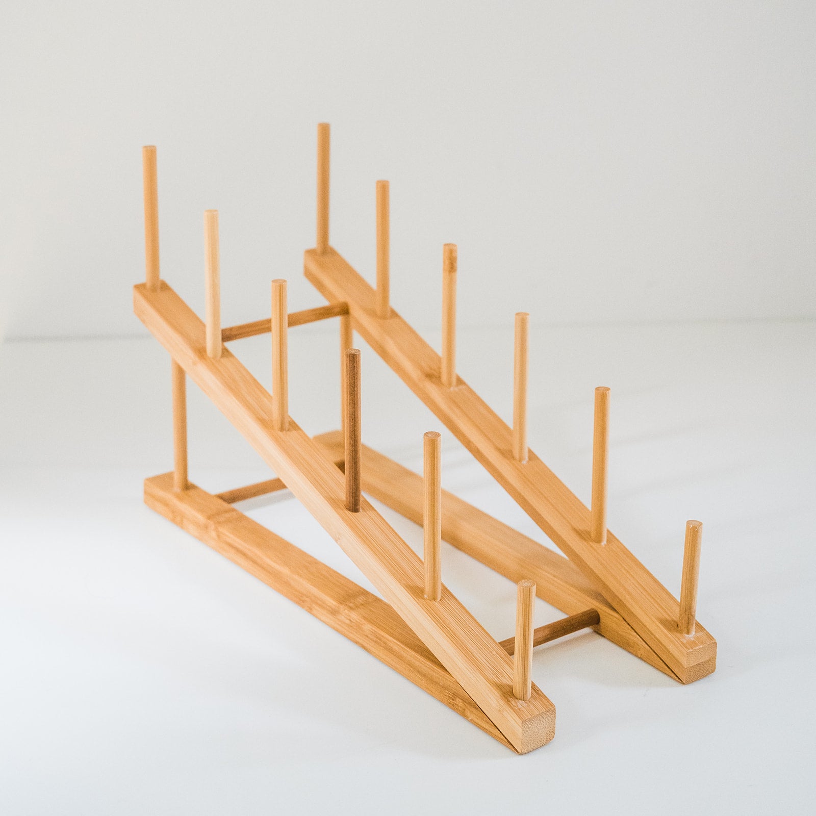A side angle view of a bamboo palette rack.