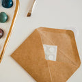 An overhead view of a brown paper envelope with a four count of rubber pottery feet enclosed.